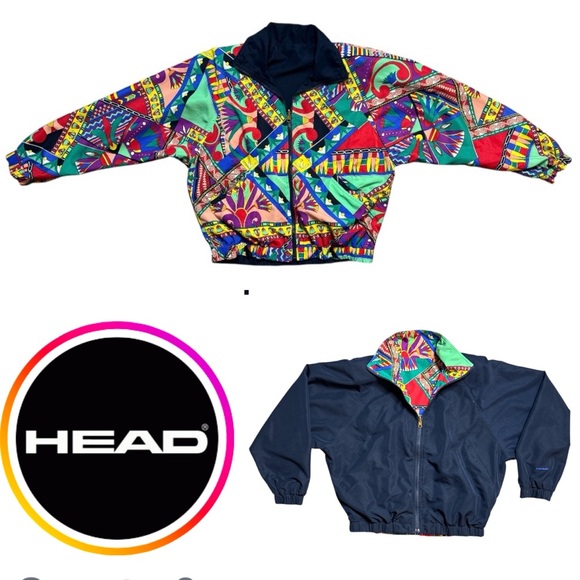 Head Jackets & Blazers - VINTAGE HEAD REVERSIBLE NAVY ABSTRACT FLORAL ZIPPERED FRONT WINDBREAKER JACKET